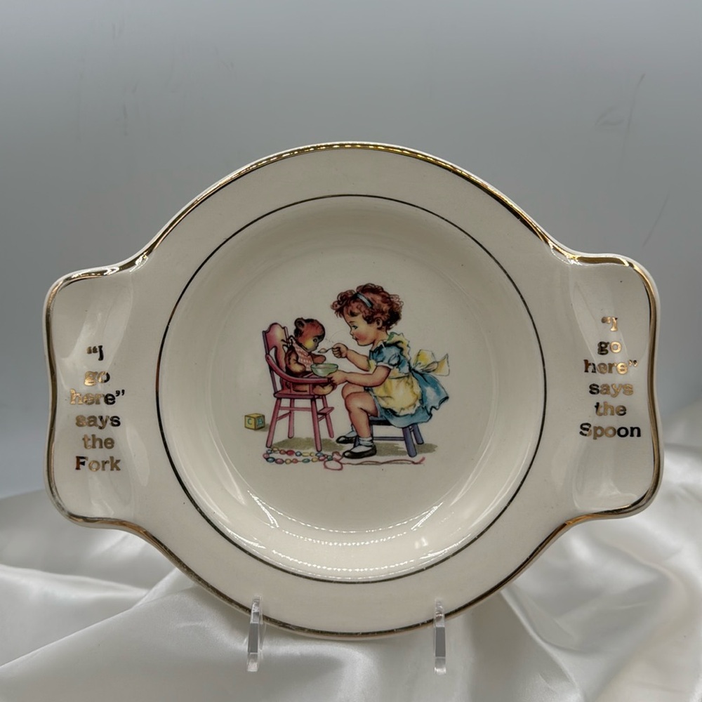 Salem China 9" Child's Plate "I Go Here - Fork / Spoon" (c. 1930s)